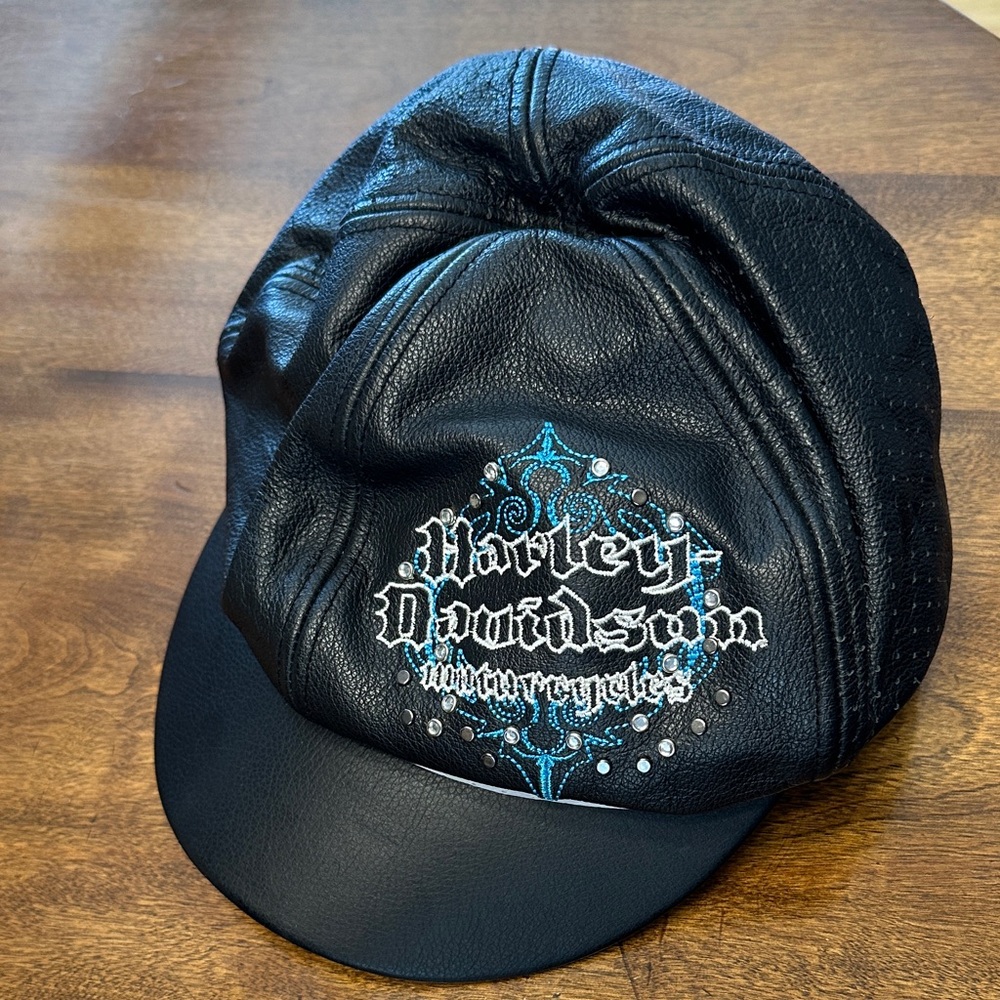 HARLEY-DAVIDSON Black Leather Hat with Blue Accents